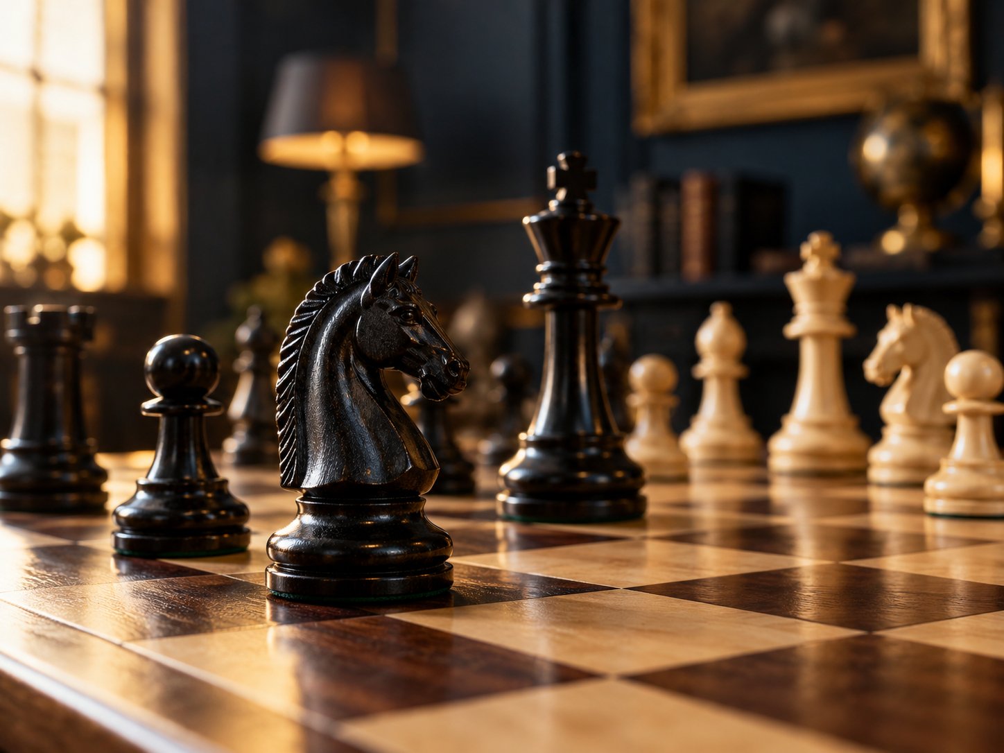 Photorealistic generated still life of a wooden chessboard and Staunton pieces.