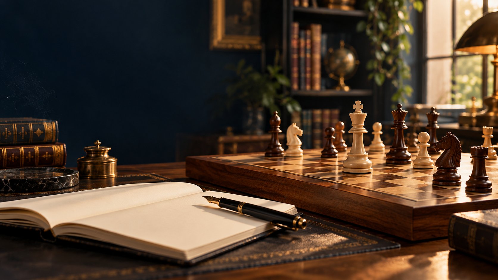 Photorealistic editorial chess still life with wooden pieces and warm library light.